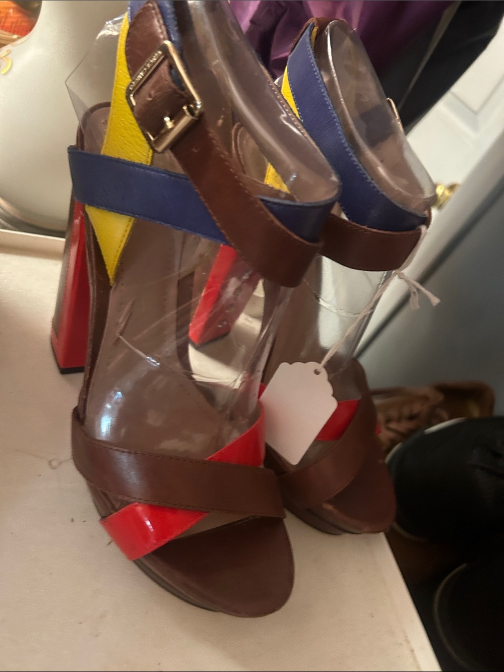 Vince Camuto Brown Multicolor Colorblock High Heel Sandals